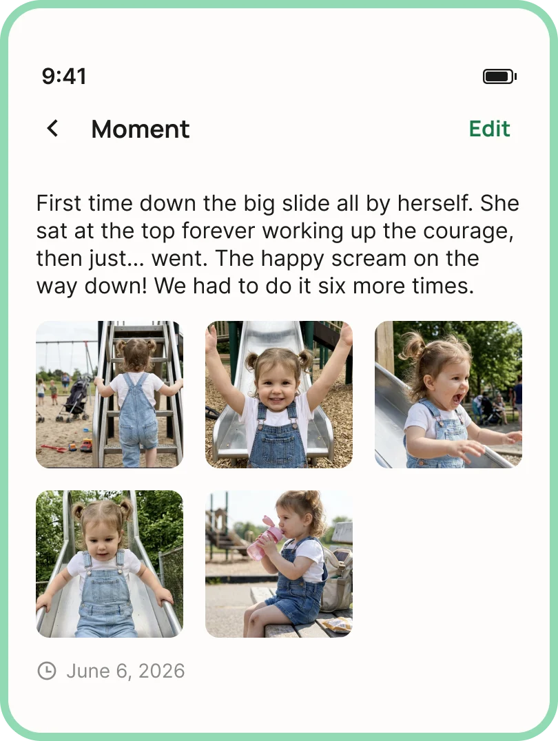 A moment saved in Nestory: first time down the big slide